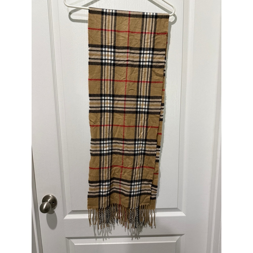 Tan Plaid Cashmere Blend Scarf Italy Design Fringed Tassel Winter Wrap